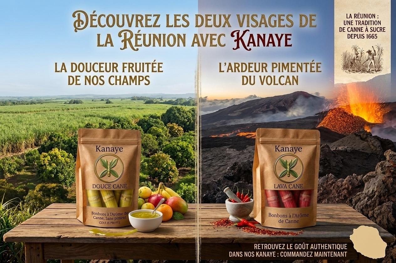 À gauche, l'édition Douce Cane devant les champs de canne ; à droite, l'édition Lava Cane devant le Piton de la Fournaise
