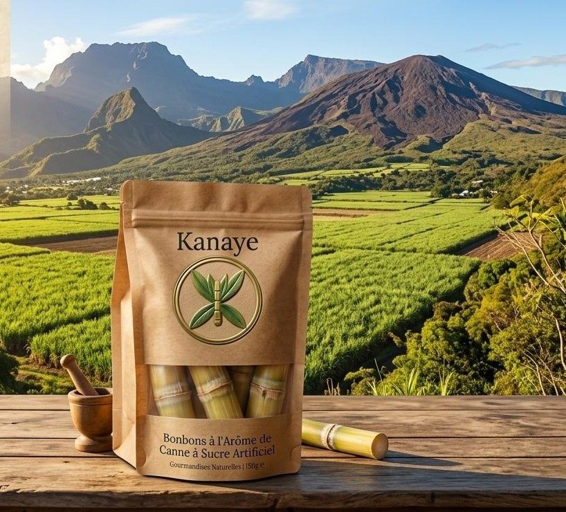 Sachet Kanaye posé sur une table en bois, devant les champs de canne à sucre et le Piton de la Fournaise à La Réunion